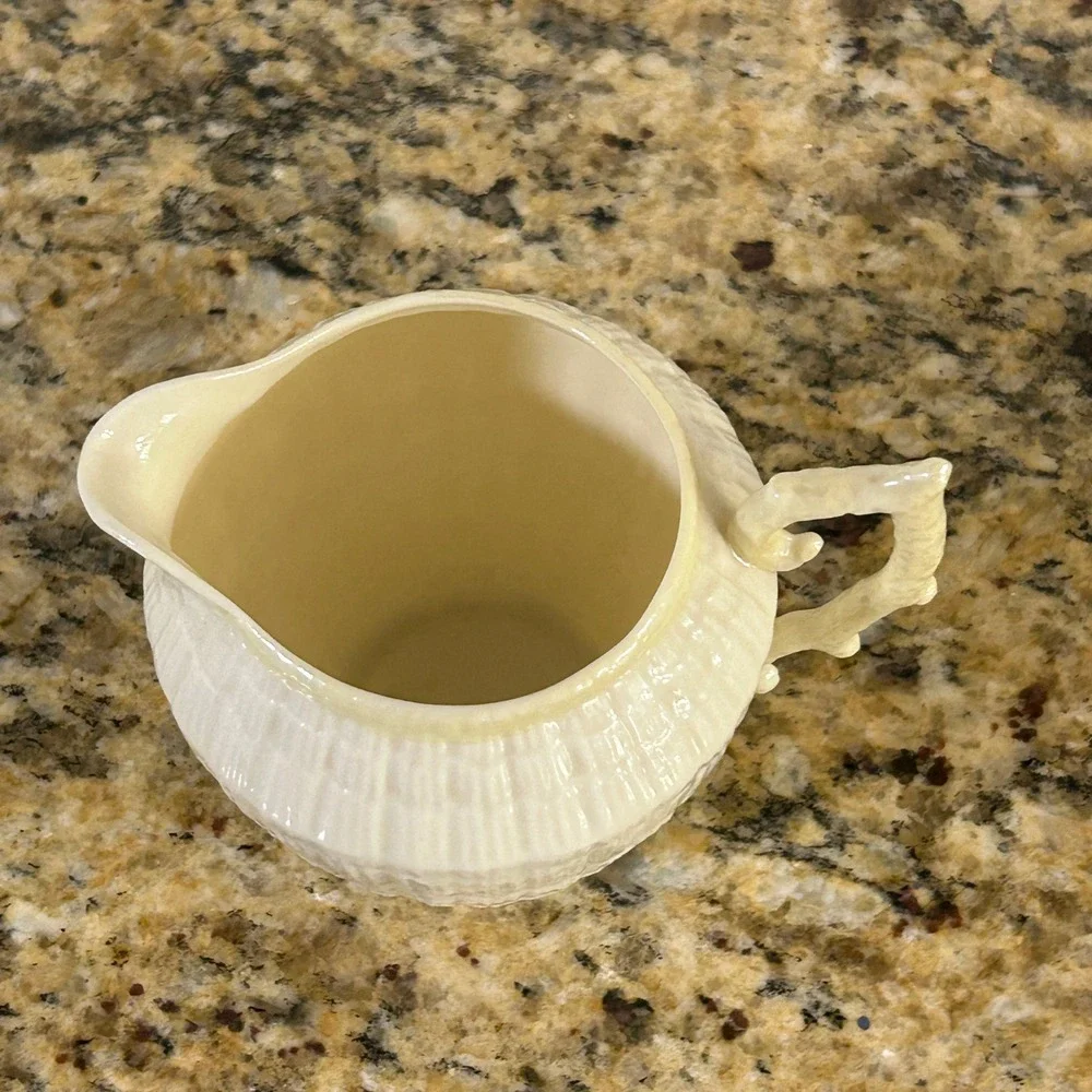 Belleek Neptune Creamer 3.25in Ivory Yellow Shell Pattern Coral Handle Vintage
